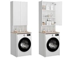 Wasmachinekast voor Badkamer of Keuken - Hoge Kast met Bovenbouw voor Wasmachine en Wasdroger - Wit en Eiken - 210 x 65 x 50/25 cm — afbeelding 1