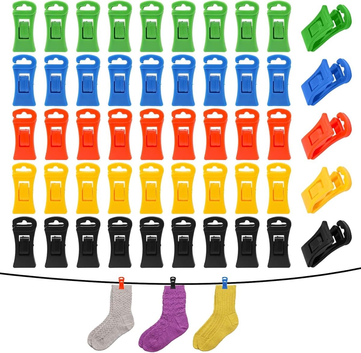 50 stuks - Sokkenklemmen voor wasgoed - Antislip wasknijpers - Gekleurde sokkenklemmen - Sokkenklemmen met haken - Haken - Antislip - Kunststof sokkenklemmen - Geschikt voor sokken en bijpassende lades - Vijf kleuren — afbeelding 1
