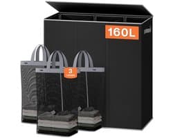 SNJY® Wasmand 3 Vakken - Wassorteerder - Wasbox Kledingmand - 36L x 63,5B x 70H cm - 160L - Zwart