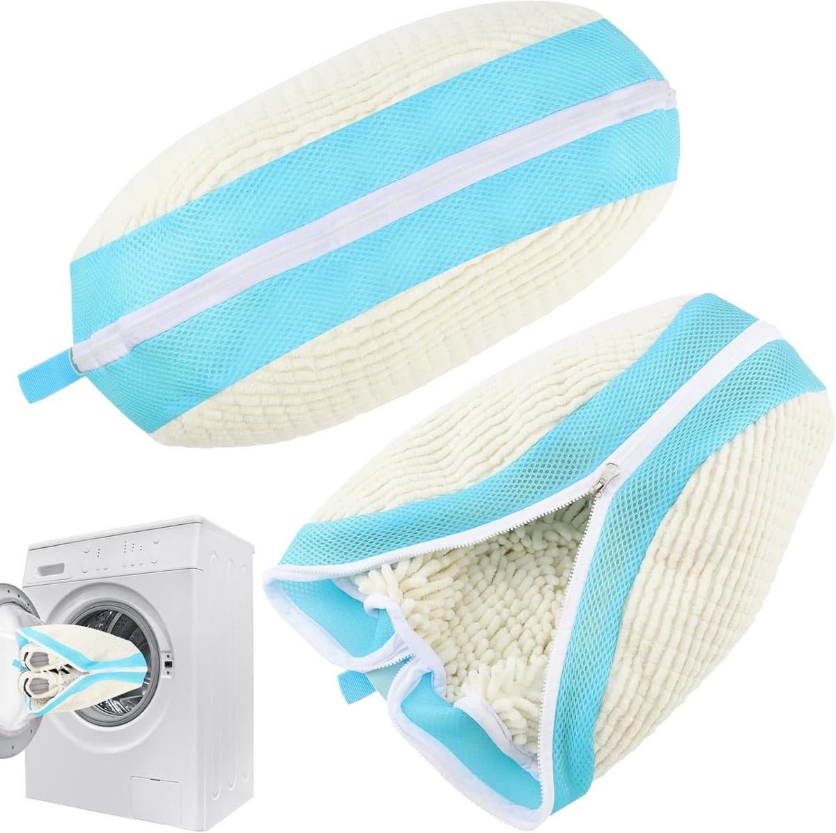 EGoods - Herbruikbare schoenwaszakken voor wasmachine - Set van 2 - Groot formaat met ritssluiting - Wit en blauw - 40,5 x 27 cm — afbeelding 1
