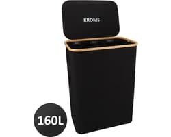 KROMS Wasmand 3 vakken - Zwart - 160L - Extra groot model - Inclusief NL & ENG Labels – Wassorteerder bamboe - Laundry basket - Wasmand met deksel - Opvouwbaar