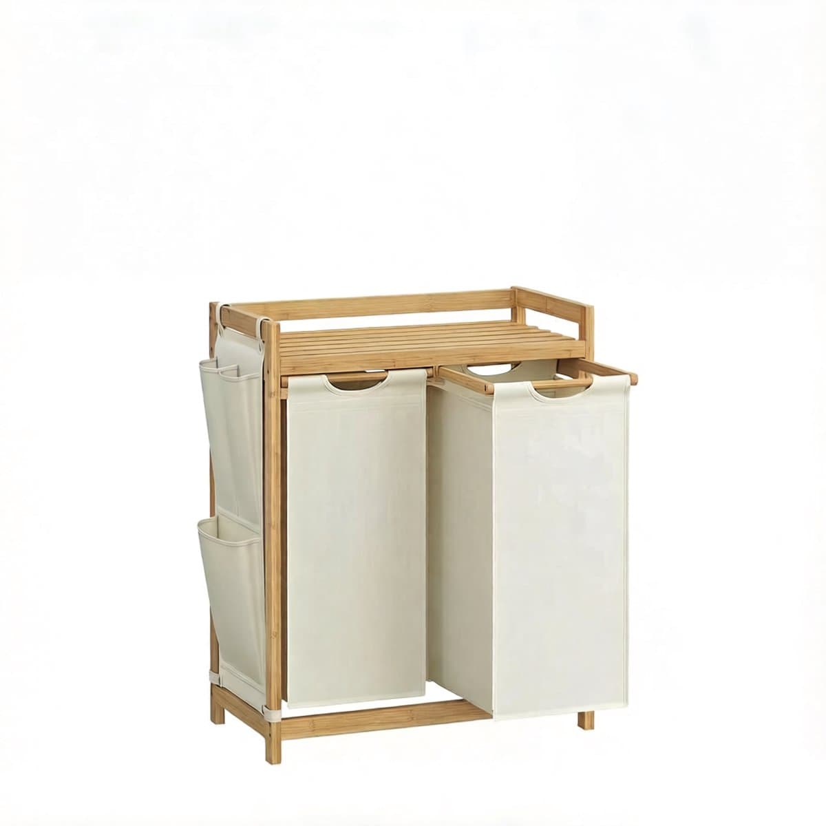 Dubbele compartiment wasmand Grote capaciteit 2x50L Voor gesorteerd opbergen Met plank, zijvak en afneembare waszak Stevig bamboe frame Voor thuis, slaapkamer en woonkamer 63x33x78cm naturel+wit — afbeelding 1