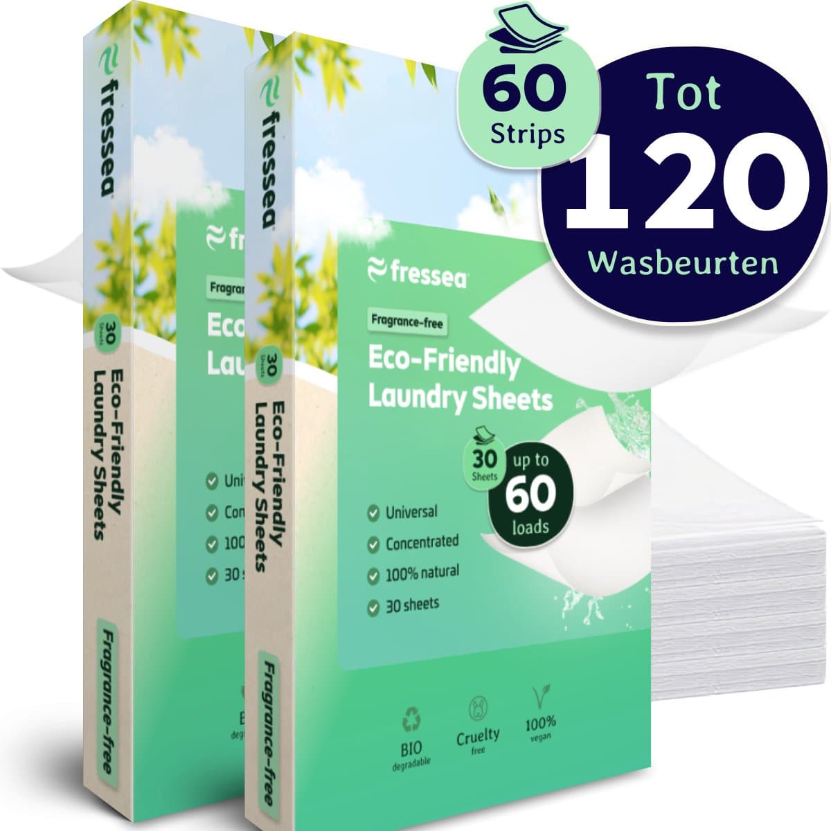 Fressea Wasstrips 120 Wasbeurten - Wasmiddel Strips - Plasticvrij & Vegan Wasmiddeldoekjes (Parfumvrij) — afbeelding 1