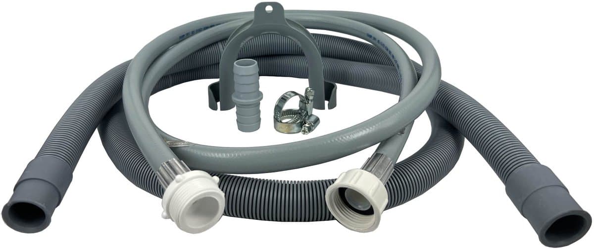 Universele verlengset met aanvoer verleng slang & afvoerslang | 1.5 meter verlengen | Complete set met afvoer-verbindingsstuk, slangklemmen en wandbeugel voor afvoerslang | Past op de meeste merken | Multaparts® huismerk — afbeelding 1