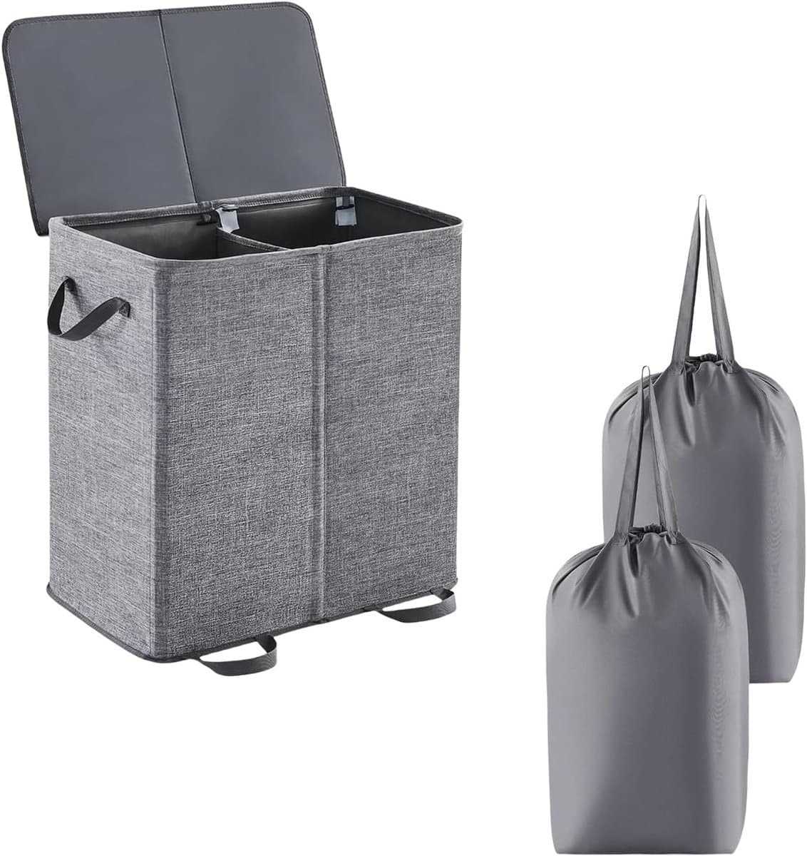 Wasmand met deksel-wasmand 2 vakken- uitneembare waszak - 2 compartimenten - opvouwbaar ontwerp - geschikt voor slaapkamer of badkamer - grote inhoud met handvat - grijs - 50x60x35cm — afbeelding 1
