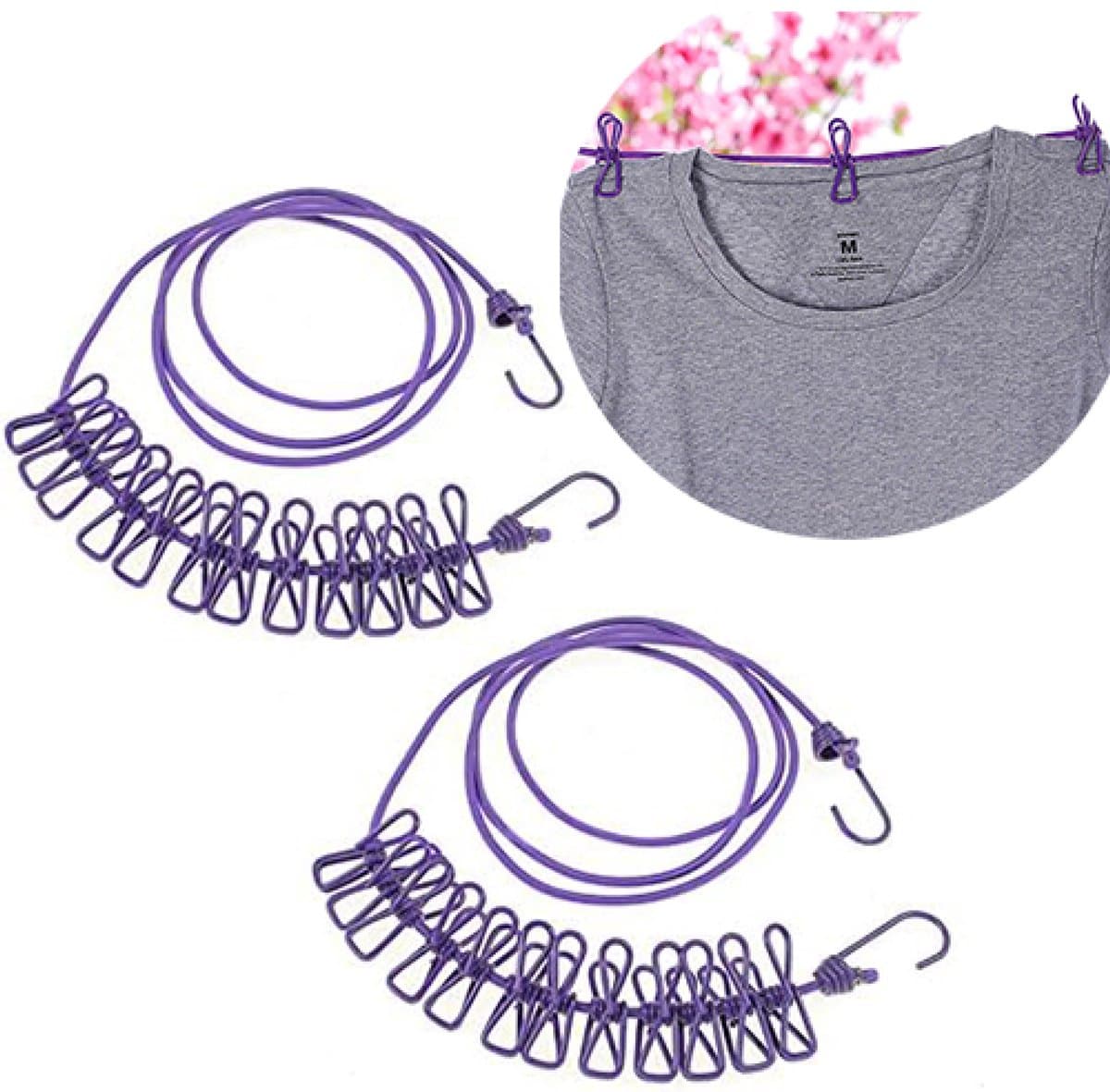 2 stuks - Elastische waslijn - Met 12 wasknijpers - Kampeerwaslijn - Kampeeraccessoires - Reiswaslijn voor buiten en binnen - Droogrek voor buitenkleding - Paars — afbeelding 1