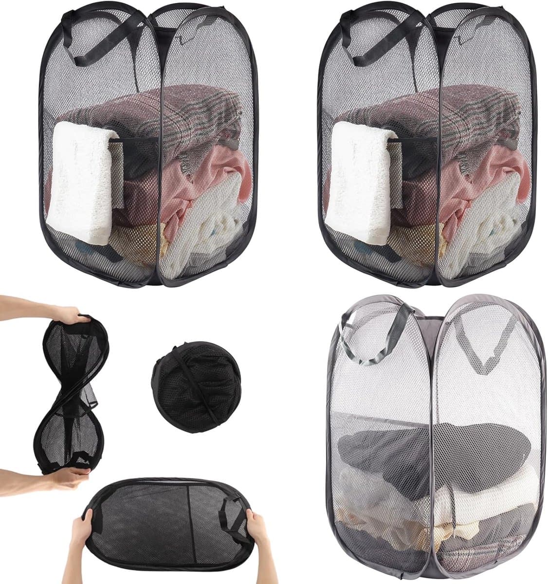 Wasmanden - wasmand opvouwbaar-Opvouwbare wasmand Pop-up wasmand - Opvouwbare wasmand - Draagbaar en duurzaam-Geschikt voor badkamer - Camping - College - Kamer en reizen - Wasgoed (Zwart - 36*36*58 cm-Drie pakketten) — afbeelding 1