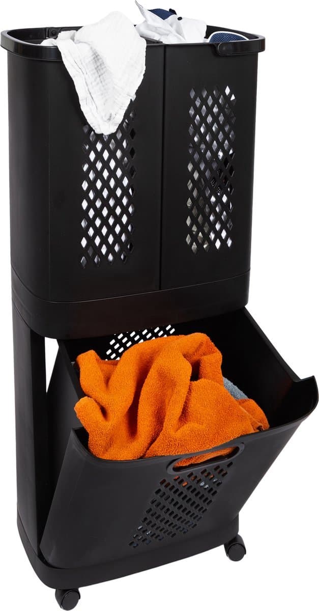 Eleganca Wasmand 3 vakken - XL Formaat 95 Liter - Wassorteerder - Kunststof - D31 x B45 x H90 cm - Afneembare manden - Wasmand op Wielen - Ruimtebesparend - Zwart — afbeelding 1