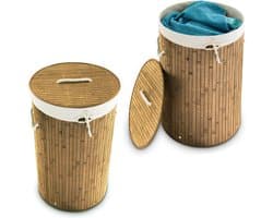 2x wasmand bamboe - wasbox met deksel - 70 liter - rond - 65 x 41 cm - natuur