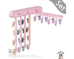 Borvat® - Droogrek - aan de muur gemonteerd - opvouwbaar kledingrek - afneembare clips - kledinghaak - waslijn - Roze - Set