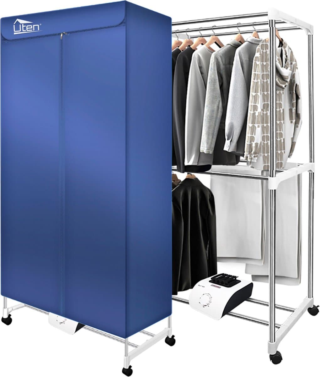 Uten Draagbare elektrische droger Gr886 - 2 lagen droog Design - Warmtepompdroger - 1500 W - Timer 0-180 Min - Elektrisch Droogrek met Verwarming - Wasdroger - Tot 15kg wasgoed - Als wasdroger, droogrek en Kledingkast- Hoogte 1.5 M - Blauw — afbeelding 1