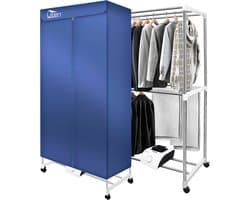 Uten Draagbare elektrische droger Gr886 - 2 lagen droog Design - Warmtepompdroger - 1500 W - Timer 0-180 Min - Elektrisch Droogrek met Verwarming - Wasdroger - Tot 15kg wasgoed - Als wasdroger, droogrek en Kledingkast- Hoogte 1.5 M - Blauw