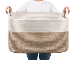 Opbergmand voor babyspeelgoed, vierkante laundry baskets, wasmand voor kinderkamer, groot, gevlochten mand voor dekens, hoofdkussens, gastendoekmand, 65 l, wit en bruin — afbeelding 1