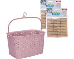 Wasknijpersmandje met ophanghaak - roze - en 48x houten wasknijpers 7 cm - was ophangen — afbeelding 1