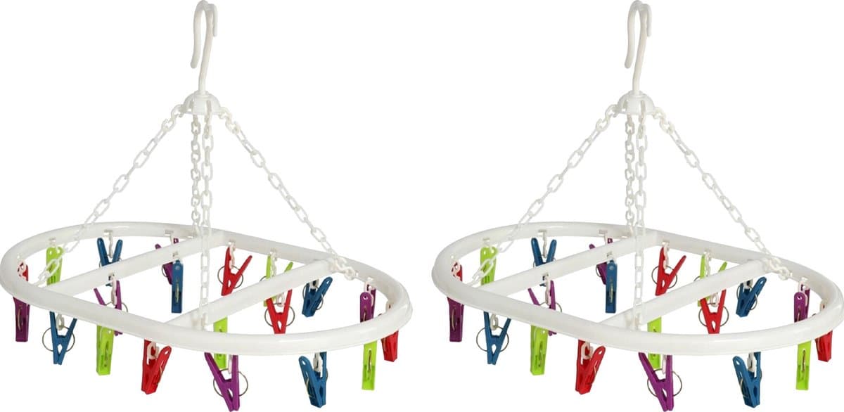 Wasgoed droogcarrousel/droogmolen - 2x - 20 clips/knijpers - multi kleuren - kunststof - 29 x 42 cm — afbeelding 1