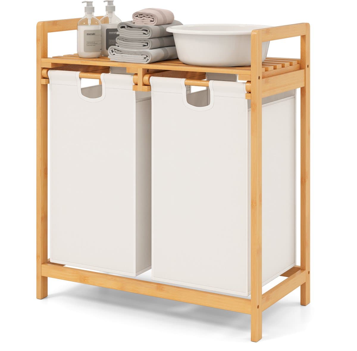 COSTWAY Wasmand 2 vakken, met 2 uittrekbare waszakken, wasverzamelaar met plank, wassorteerder bamboe voor badkamer, woonkamer en slaapkamer (wit) — afbeelding 1