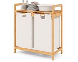 COSTWAY Wasmand 2 vakken, met 2 uittrekbare waszakken, wasverzamelaar met plank, wassorteerder bamboe voor badkamer, woonkamer en slaapkamer (wit) — afbeelding 1