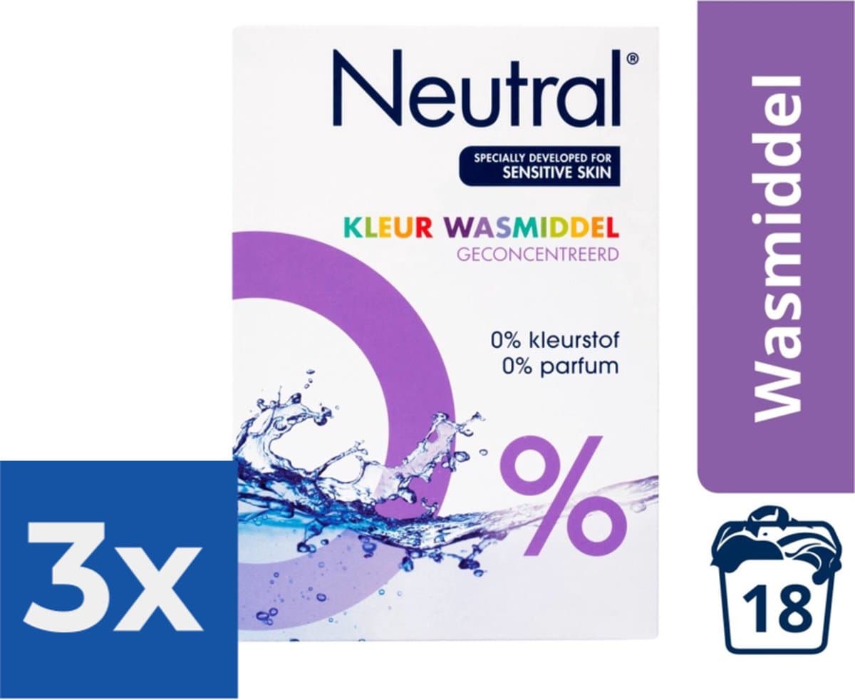 Neutral 0% Kleur Parfumvrij Waspoeder - 18 wasbeurten - 1-188 kg - Wasmiddel - Voordeelverpakking 3 stuks — afbeelding 1