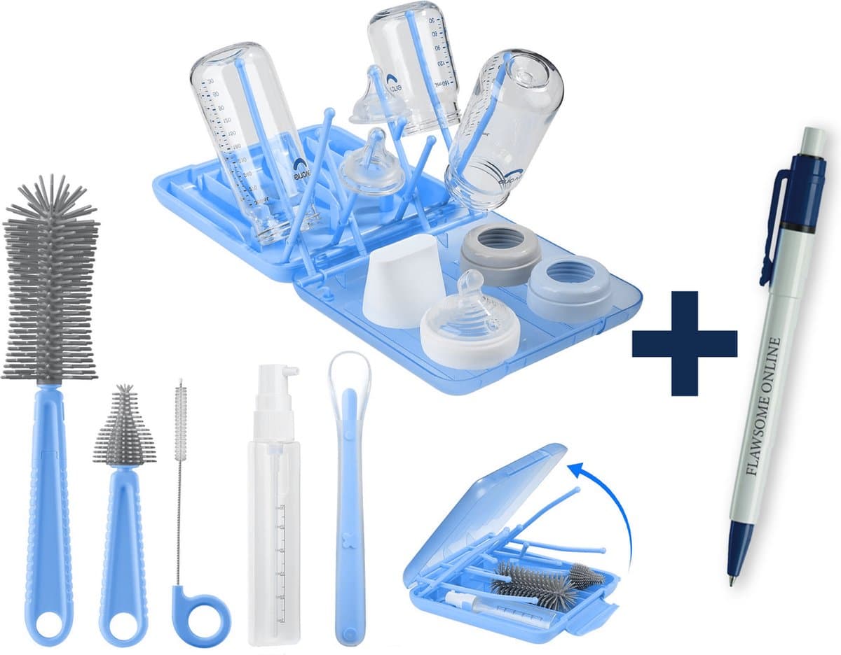 Flessen Droogrek Baby - Blauw + Schoonmaakset - Baby Fles Schoonmaakset - Reis Set - BPA vrij + Pen — afbeelding 1