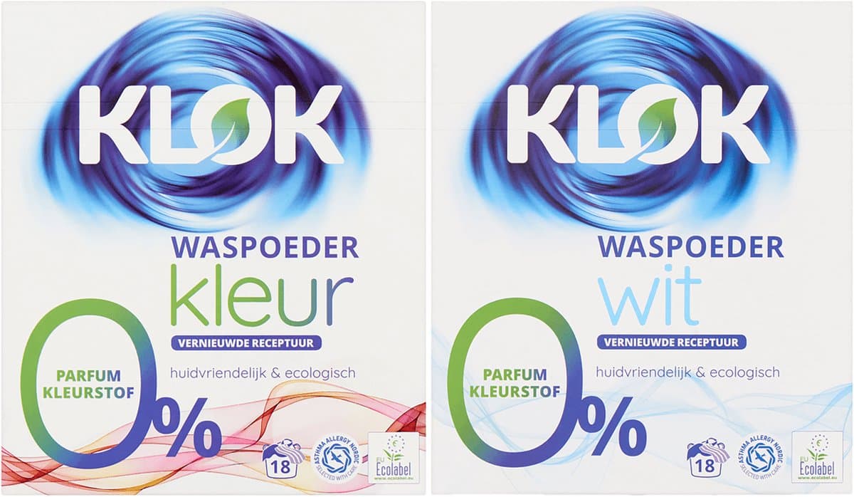 Waspoeder Klok kleur + wit 0% parfum kleurstof 2x 18 wasbeurten — afbeelding 1