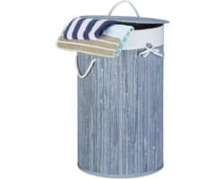 wasmand bamboe - 70 l - opvouwbaar - met deksel en katoenen waszak - Ø 41 cm - grijs