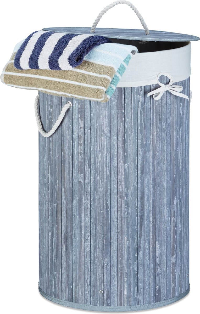 wasmand bamboe - 70 l - opvouwbaar - met deksel en katoenen waszak - Ø 41 cm - grijs — afbeelding 1