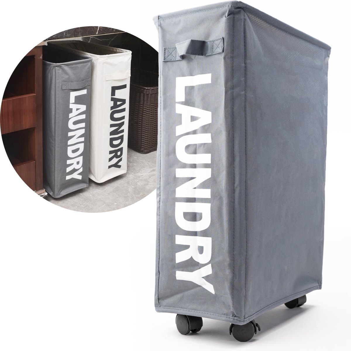 ByLara - Opvouwbare Wasmand - Op wieltjes met Handvat - Wasbox - Antraciet - 42L — afbeelding 1