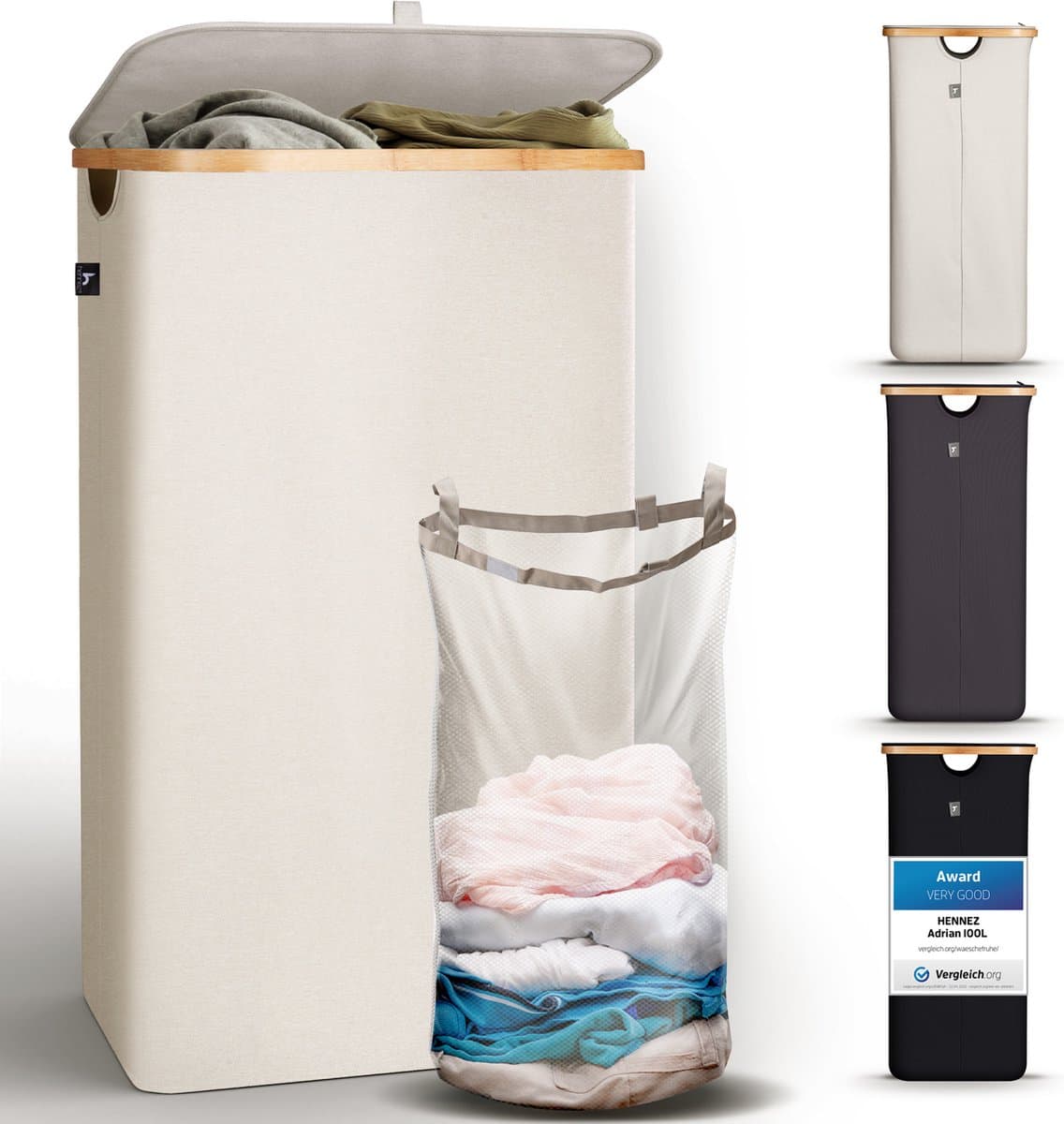 HENNEZ Wasmand met deksel van 100L opvouwbaar met bamboe frame - inclusief waszak - beige — afbeelding 1