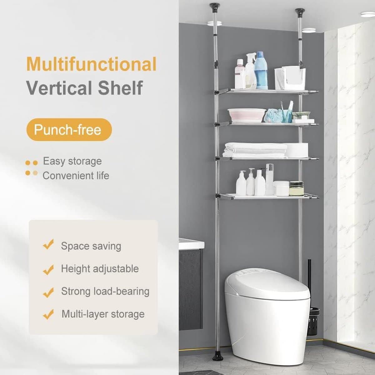 Uitbreidbare Wasplank Over Toilet Opbergrek - Plafond Badkamer Organizer - Ruimtebesparende Spanpaal - Zwart - Kleine Ruimtes Wasmachine rek — afbeelding 1