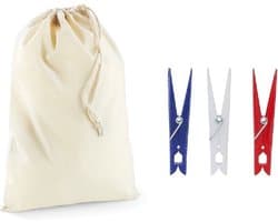 Wasknijperzakje / tasje met afsluitkoord en 24 gekleurde wasknijpers van kunststof - knijperzak / opbergtas