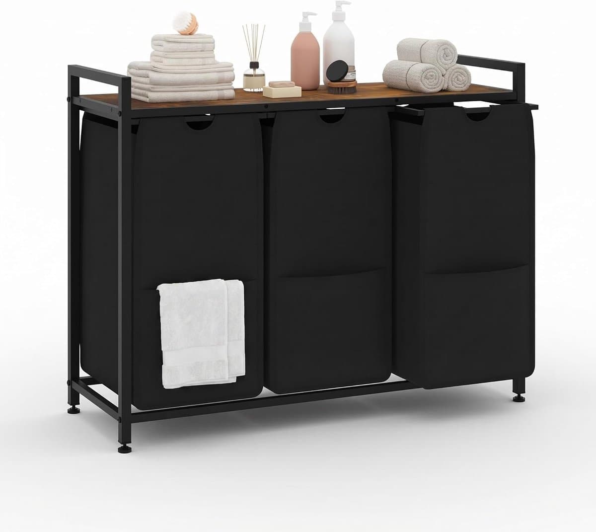 Wasmand 3 vakken, 145L wassorteerder, verrijdbare waswagen – voor wasruimte, slaapkamer, badkamer – zwart — afbeelding 1
