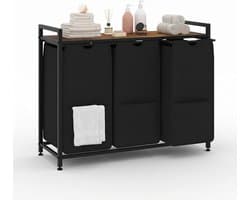 Wasmand 3 vakken, 145L wassorteerder, verrijdbare waswagen – voor wasruimte, slaapkamer, badkamer – zwart