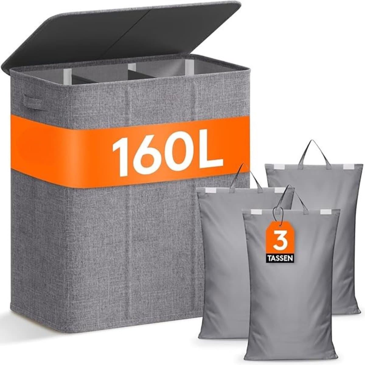 Verte Wasmand 3 Vakken - Wassorteerder - 160L - Met 3 Uitneembare Zakken - Wasmand met deksel - Laundry basket - Extra grote capaciteit - Waszak - Wasbox - Licht Grijs — afbeelding 1