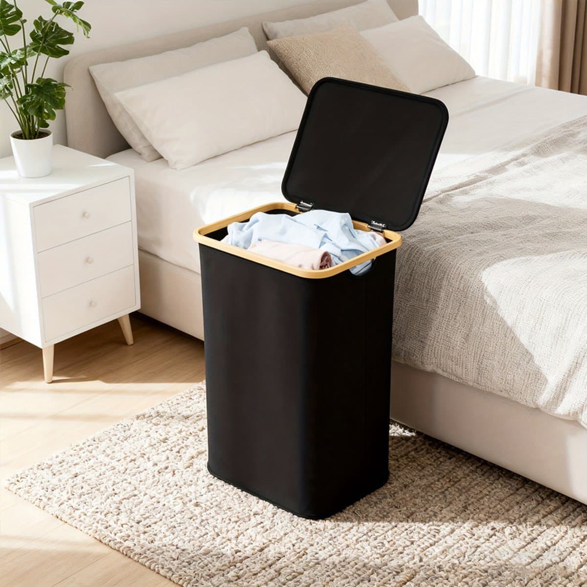 NETTLIFE Wasmand Met Deksel - Zwart - Opvouwbaar - Met Handgrepen En Afneembare Zak - Lichtgewicht En Compact - Voor Slaapkamer Badkamer Studentenkamer En Wasruimte — afbeelding 1