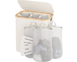 SOLEA Wasmand 3 vakken – Wasmand met deksel - Grote Wasmand met Was Sortering - Wassorteerder - 160 L - Beige - Bamboe