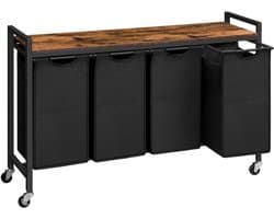 RUX® Wassorteerder 4 vakken - Wasmand 4 vakken 4x 39 Liter - Wasmand Met Opbergplank - Wassorteerder - Dubbele wasmand - Duo Wasmand – Wasmanden - Zwart - 111cm x 33cm x 75 cm