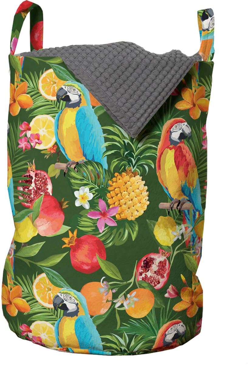 ABAKUHAUS tropische waszak, papegaaien en granaatappel, wasmand met handvatten, trekkoordje voor wasserettes, groen meerkleurig — afbeelding 1