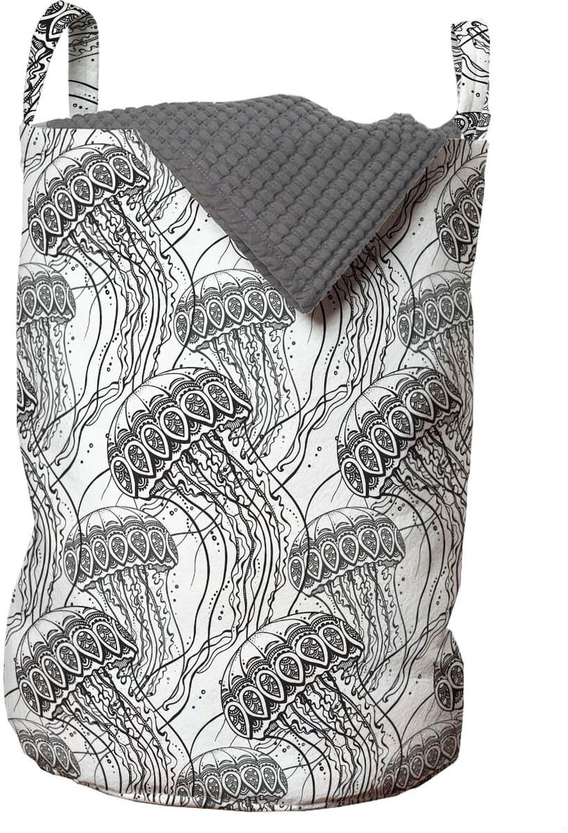 ABAKUHAUS Kwalwaszak, Zentangle oceaanwezen, wasmand met handvatten, trekkoord voor wasserettes, houtskoolgrijs en wit — afbeelding 1