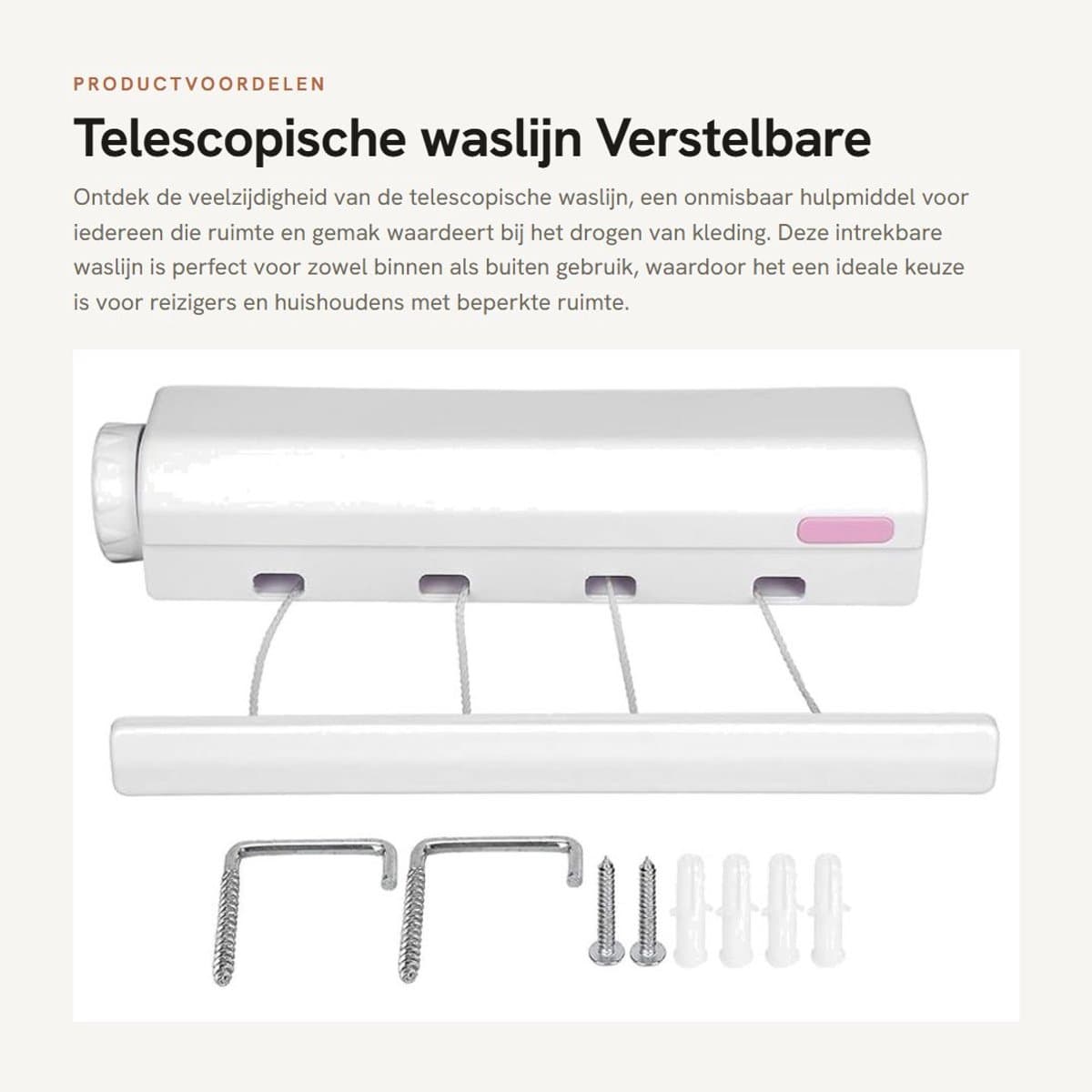 Dailygoods- Waslijn Telescopisch - Verstelbaar - Intrekbaar - Draagbaar - Voor Binnen/Buiten - Belastbaar tot 8 kg - Kledingdroger — afbeelding 1