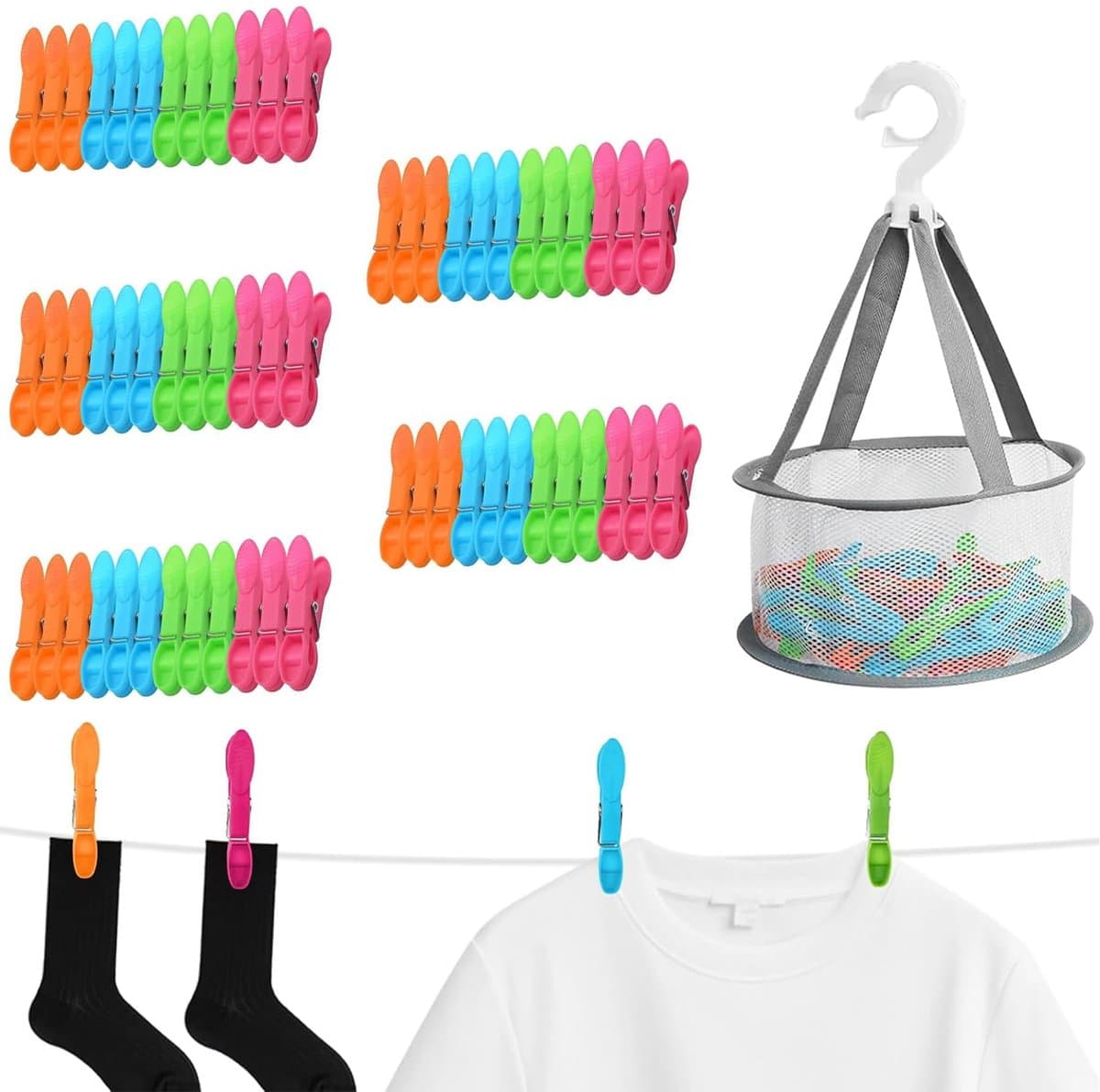 Dailygoods- Wasknijpers 60 Stuks - Wasknijpermandje - Winddichte Wasknijpers - Ademend Speldje - Antisliphandvatten - Roestvrijstalen Veerveren - Waslijnclips — afbeelding 1