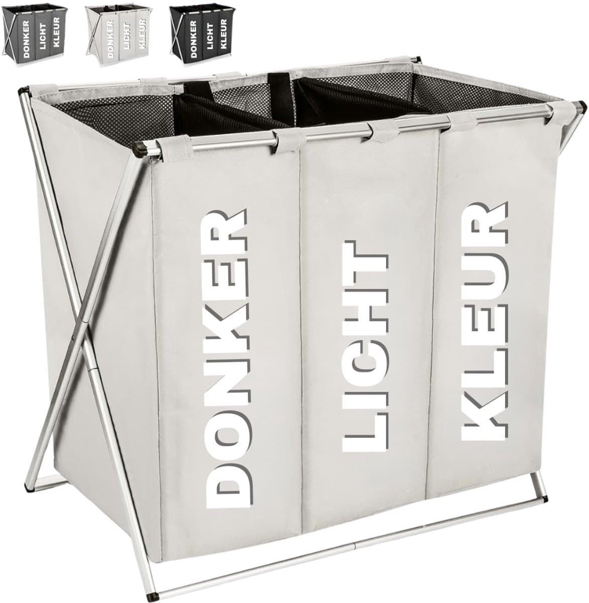 Fabono-Opvouwbare Wasmand met 3 Vakken 100L – Grote Wassorteerder met Handgrepen – Wasverzamelaar voor Donkere, Witte & Gekleurde Was – Beige Wasmand voor Badkamer en Wasruimte — afbeelding 1