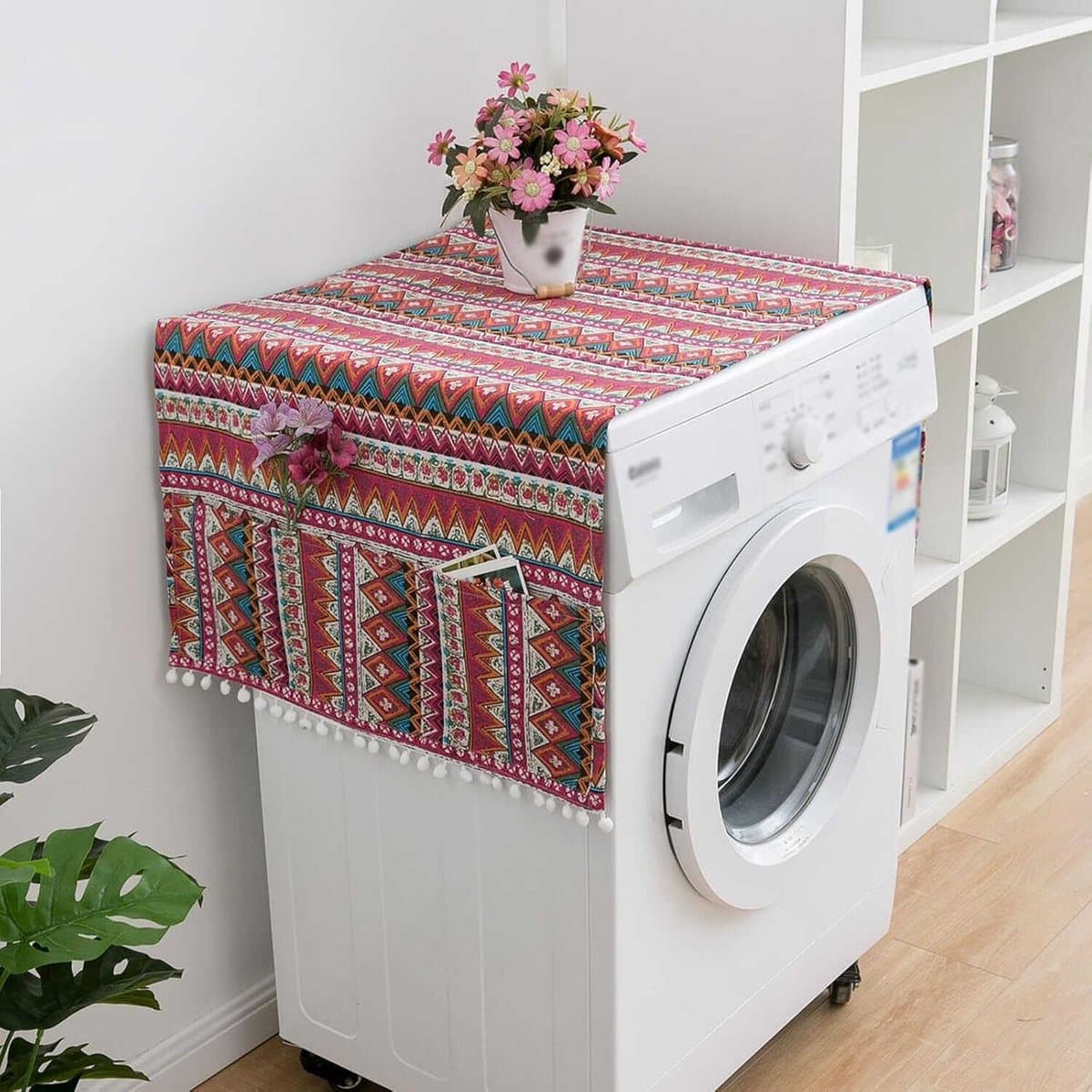 Stofhoes voor de wasmachine, wasmachinehoes met zijvakken, katoen-linnenstof in bohemian stijl, ook geschikt voor koelkasten en drogers (rood, 70 x 170 cm). — afbeelding 1
