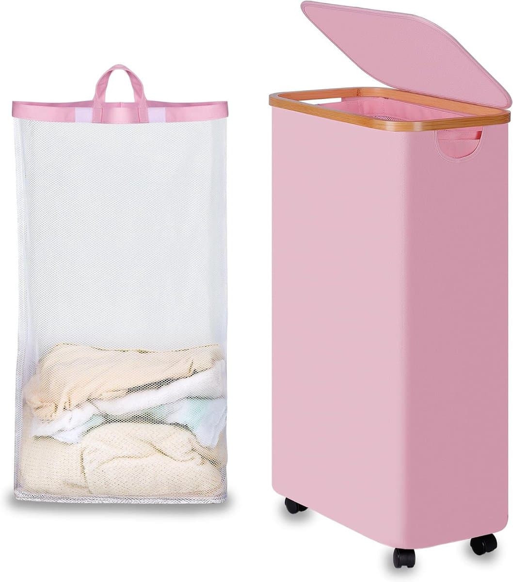 Vouwbare Wasmand met Wielen en Deksel, 75L, Roze Slimme Wasmand met Bamboe Handvatten en Afneembare Zak voor Slaapkamer, Badkamer en Wasruimte — afbeelding 1