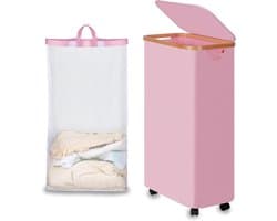 Vouwbare Wasmand met Wielen en Deksel, 75L, Roze Slimme Wasmand met Bamboe Handvatten en Afneembare Zak voor Slaapkamer, Badkamer en Wasruimte