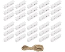 Houten Wasknijpers - Kleine Knijpers - Foto's Ophangen - Met Jute Koord - 35 cm - Wit