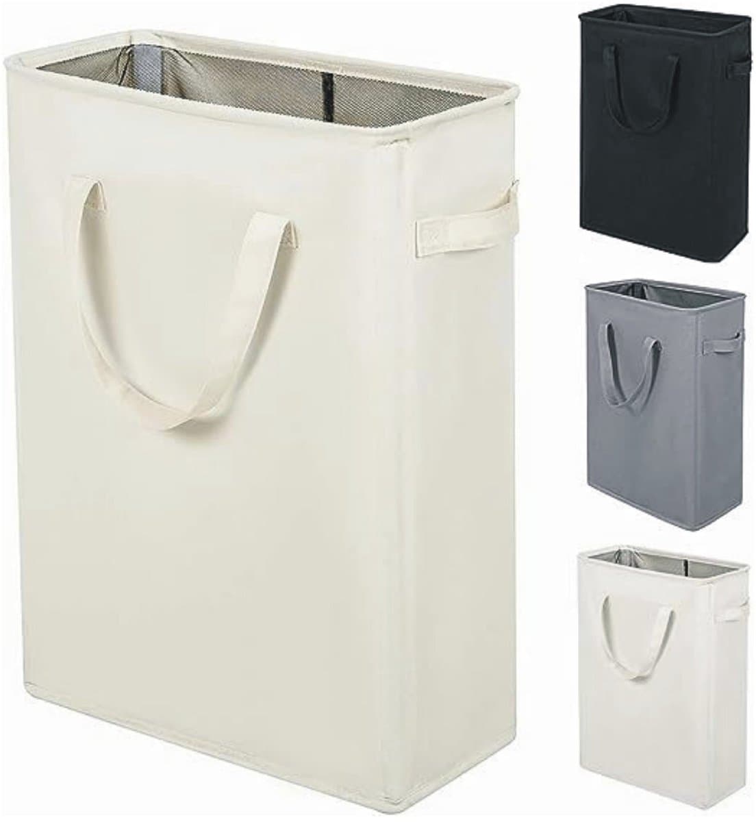 Smalle, opvouwbare wasmand met één compartiment van Oxford-stof - Wasmand - Opbergmand voor vuile was - Wasmand met handvat - 45 liter - Beige — afbeelding 1