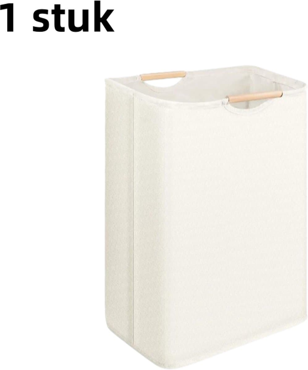1 stuk - Wasmand - Katoen en linnen - Wasmand voor huishoudelijk gebruik - Handig - Opvouwbaar - Handzame opbergmand - Houten handvat - 30*30*40 cm - Gebroken wit — afbeelding 1