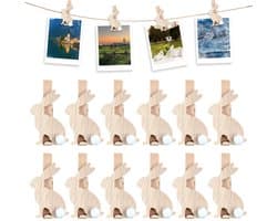 JHUBERS- Wasknijpers Hout 12 Stuks - Mini Wasknijpers - Decoratieve Paasklemmen - Houten Hazenclips - Robuuste Constructie - Perfect voor Woondecoratie - Decoratieve Clips