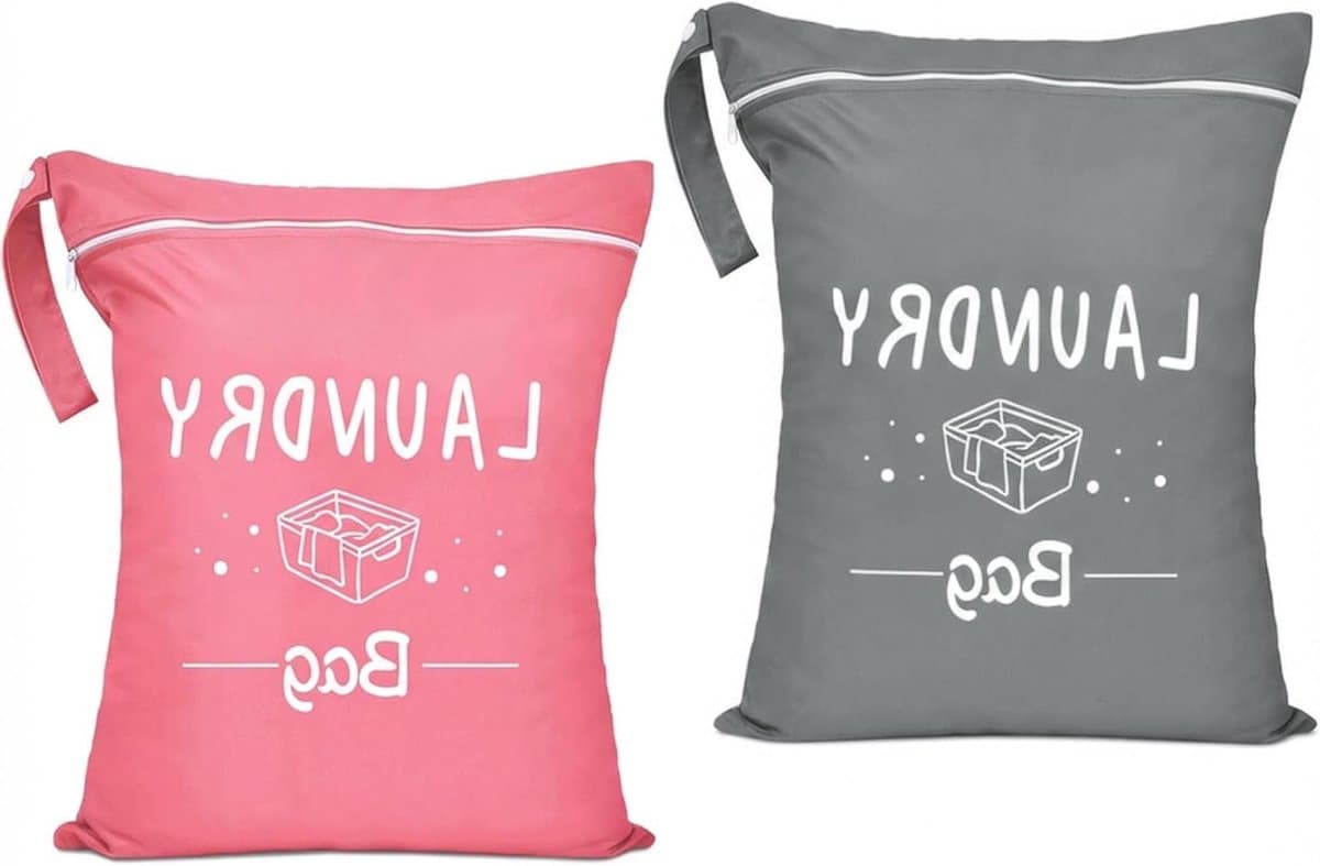 Grote waterdichte waszakken met ritssluiting en handvat voor reizen, fitness en camping - 2 stuks, 55 x 45 cm, grijs-roze — afbeelding 1