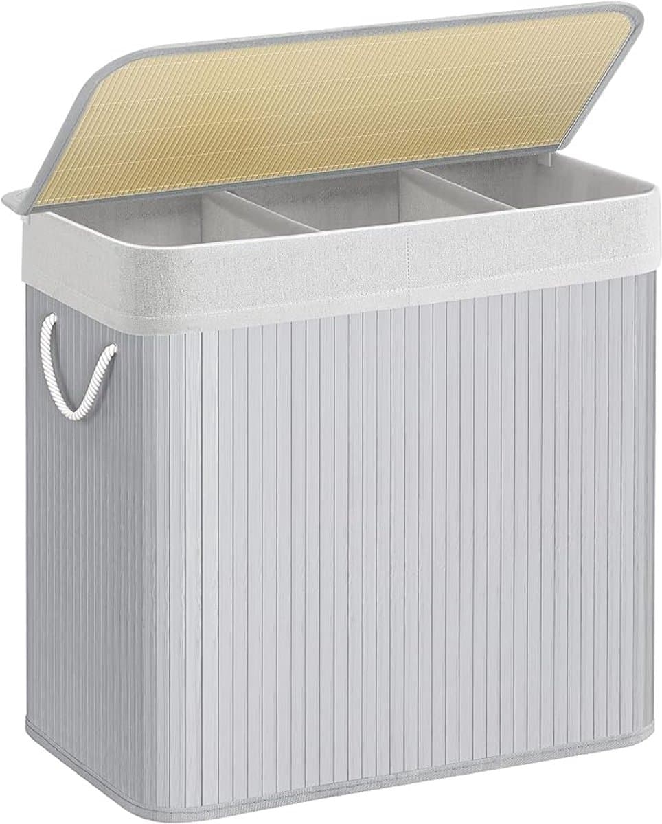 MAZAZU - Wasmand - Waszak - 3 Compartimenten - Bamboe - Grijs — afbeelding 1